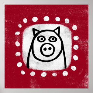 Funny Pig On Red Poster Wall Art