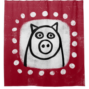 Funny Pig On Red Shower Curtain