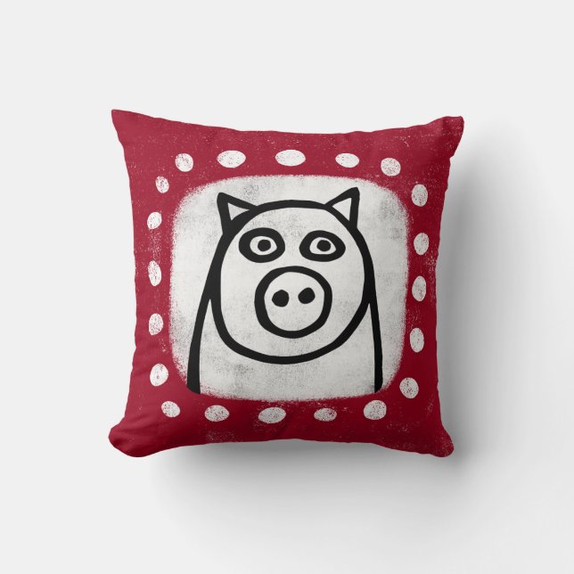 Funny Pig On Red Throw Pillow (Front)