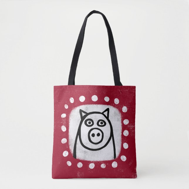 Funny Pig On Red Tote Bag (Front)