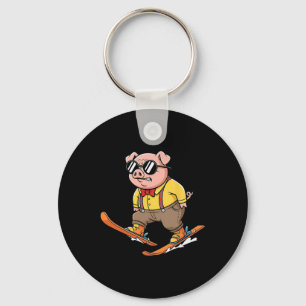 Funny Pig On Skis Alpine Snow Mountain Racer Key Ring