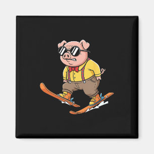 Funny Pig On Skis Alpine Snow Mountain Racer Magnet