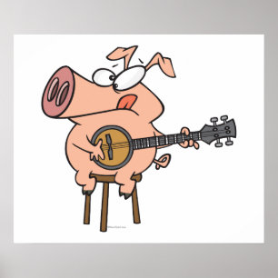 funny pig playing a banjo cartoon character poster
