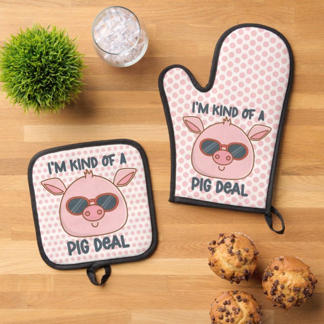 Funny Pig Pun  Oven Mitt & Pot Holder Set (Top Down)