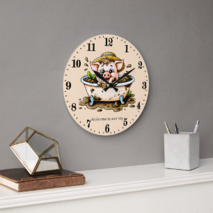 Funny pig sty add text bathroom large clock