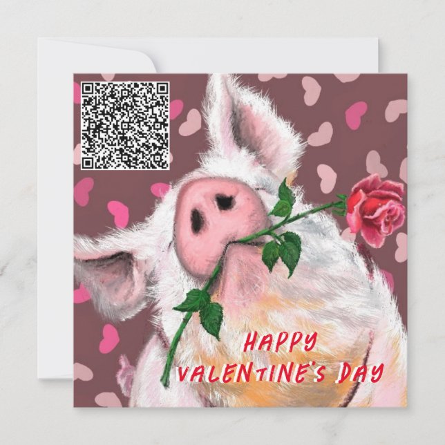 Funny Pig Valentine's Day Card with QR Code (Front)
