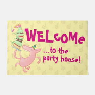 Funny Pig Welcome To The Party House Cake Cartoon Doormat