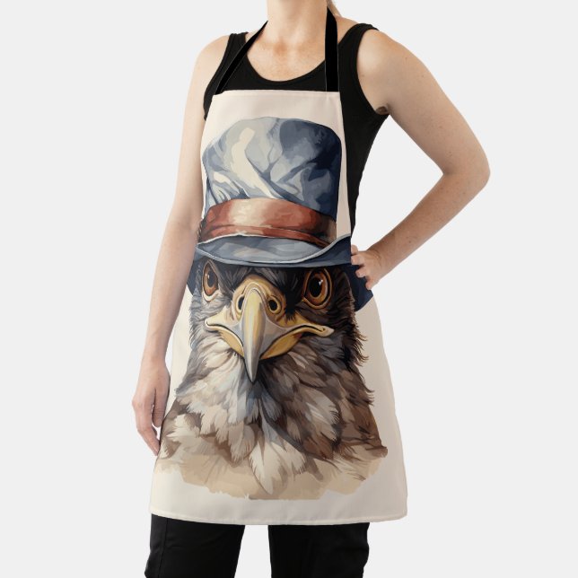 Funny pigeon wearing a cowboy hat, watercolor apron (Insitu)