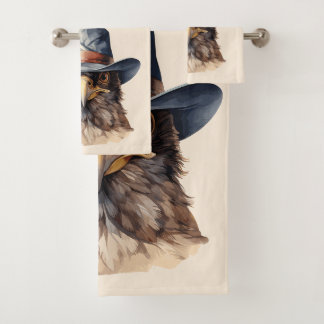Funny pigeon wearing a cowboy hat, watercolor bath towel set