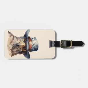 Funny pigeon wearing a cowboy hat, watercolor luggage tag