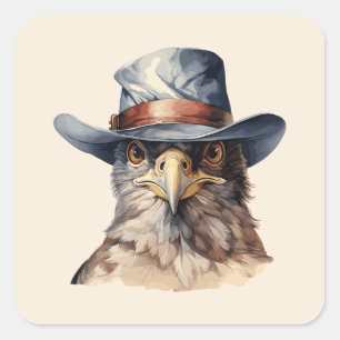 Funny pigeon wearing a cowboy hat, watercolor square sticker