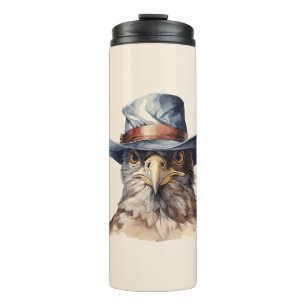 Funny pigeon wearing a cowboy hat, watercolor thermal tumbler