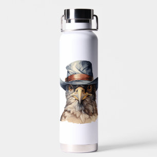Funny pigeon wearing a cowboy hat, watercolor water bottle
