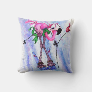 Funny Pillow with Pink Flamingo Skier