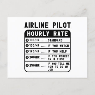 Funny Pilot Hourly Rate Aviation Postcard