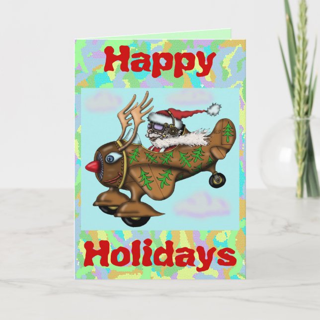 Funny pilot Santa on Rudolph plane Christmas card (Front)