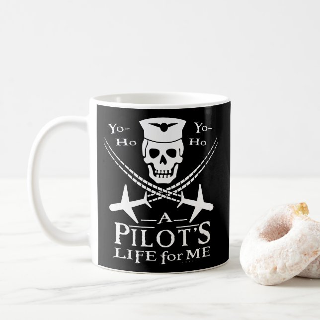 Funny Pilot Skull Cross Aeroplanes Pirate Humour Coffee Mug (With Donut)