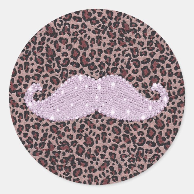 Funny Pink Bling Moustache And Animal Print Patter Classic Round Sticker (Front)