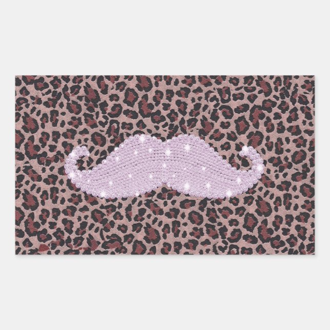Funny Pink Bling Moustache And Animal Print Patter Rectangular Sticker (Front)