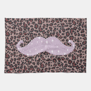 Funny Pink Bling Moustache And Animal Print Tea Towel