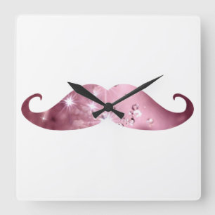 Funny Pink Bling Moustache Square Wall Clock