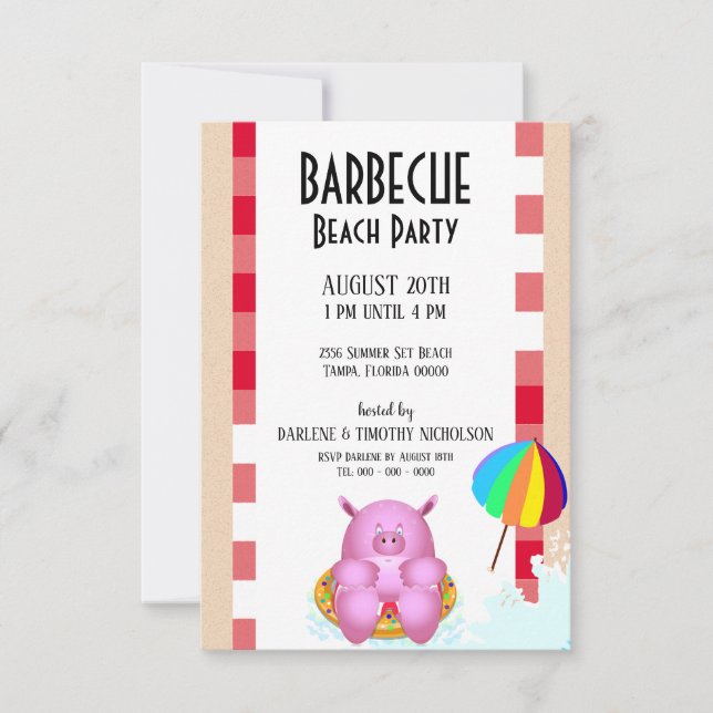 Funny Pink Cartoon Pig | Beach Pool Party Invitation (Front)
