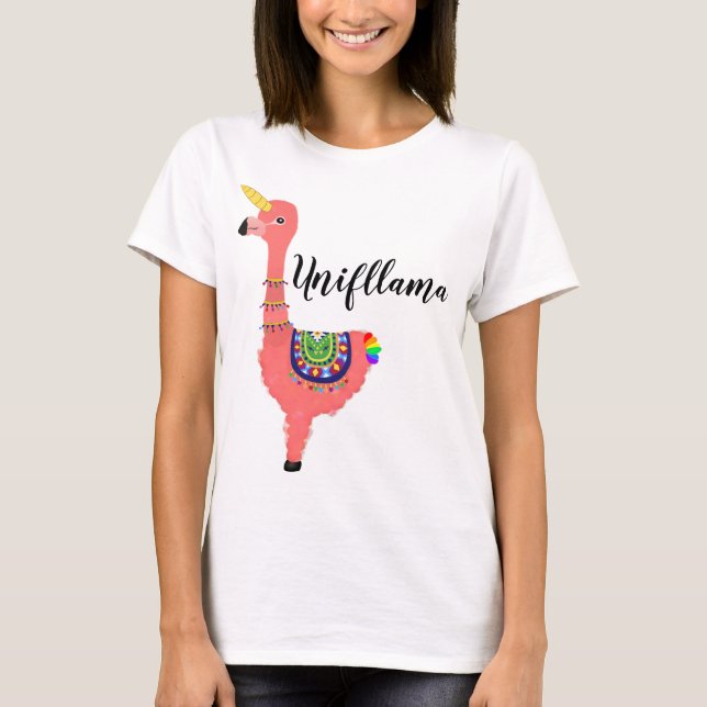 Funny Pink Cartoon Unicorn Flamingo Llama Girly T-Shirt (Front)