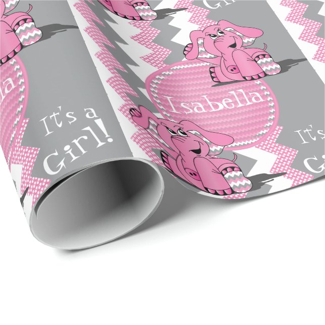 Funny Pink Chevron Elephant - Personalise Wrapping Paper (Roll Corner)