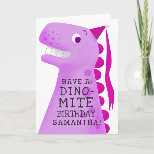 Funny Pink Dinosaur Kids Birthday Card (Front)