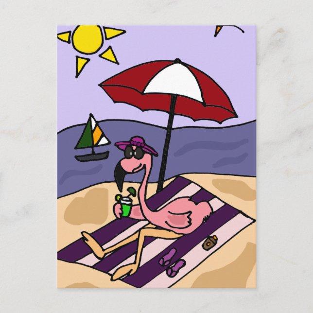 Funny Pink Flamingo at the Beach Postcard (Front)