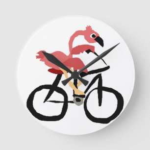 Funny Pink Flamingo Bird on Bicycle Round Clock