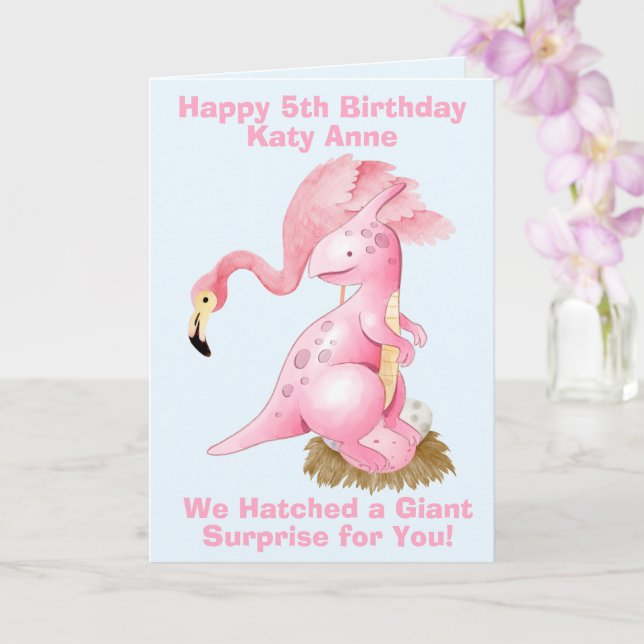 Funny Pink Flamingo Dinosaur 5th Birthday Card (Orchid)