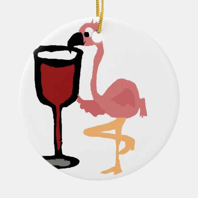 Funny Pink Flamingo Drinking Red Wine Ceramic Ornament (Front)