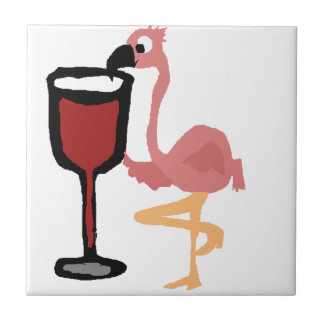 Funny Pink Flamingo Drinking Red Wine Ceramic Tile