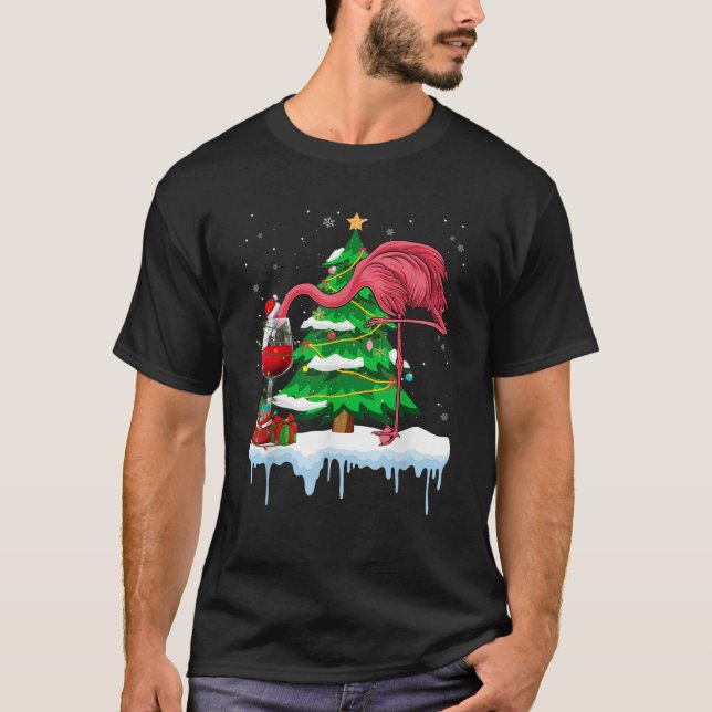 Funny Pink Flamingo Drinking Wine Christmas Tree L T-Shirt (Front)