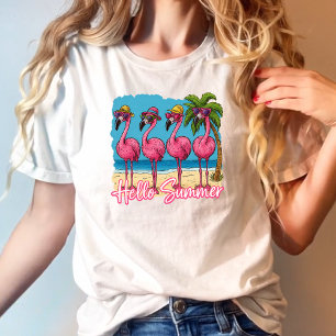 Funny Pink Flamingo Hello Summer T-Shirt