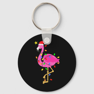 Funny Pink Flamingo In Santa Hat Christmas In July Key Ring