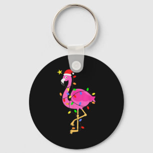 Funny Pink Flamingo In Santa Hat Christmas In July Key Ring