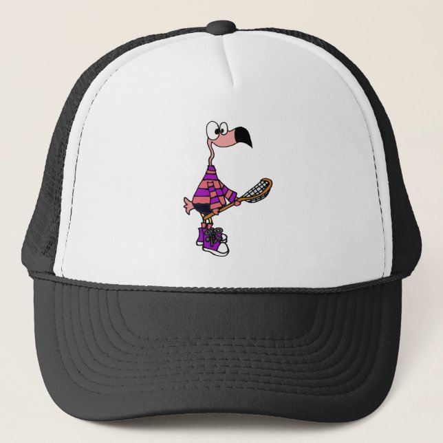 Funny Pink Flamingo Lacrosse Art Trucker Hat (Front)