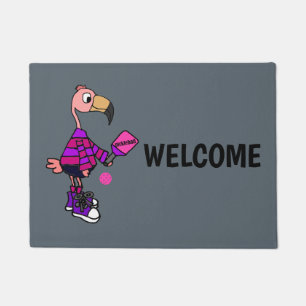 Funny Pink Flamingo Playing Pickleball Cartoon Doormat