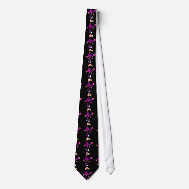Funny Pink Flamingo Playing Pickleball Cartoon Tie (Front)
