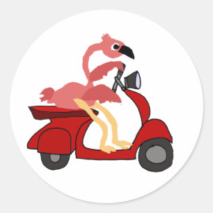 Funny Pink Flamingo Riding Motor Scooter Classic Round Sticker