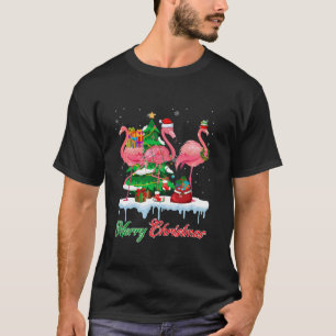 Funny Pink Flamingo Santa Hat Christmas Tree Light T-Shirt