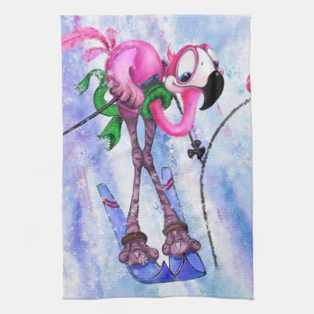Funny Pink Flamingo Skier - Cartoon Drawing Comic  Tea Towel (Vertical)
