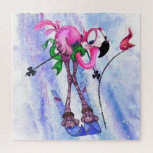 Funny Pink Flamingo Skier - Cartoon Drawing Migned Jigsaw Puzzle
