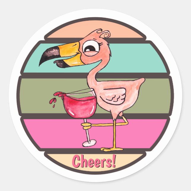 Funny Pink Flamingo with Wine Glass Cheers Sticker (Front)