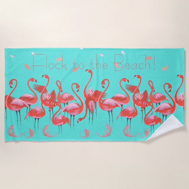 Funny Pink Flamingos Flocking to the Beach Towel (Front)