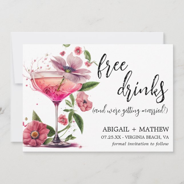 Funny Pink Floral Cocktail Trendy Photo Wedding Save The Date (Front)