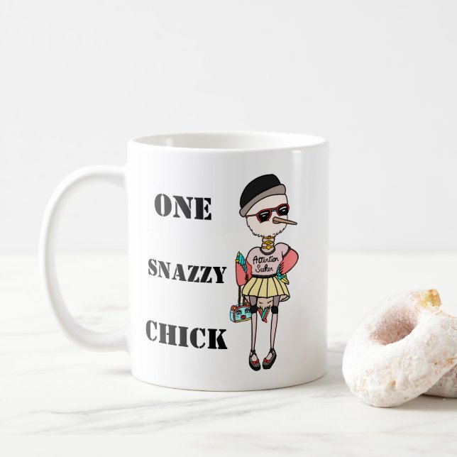 Funny Pink Girly Bird One Snazzy Chick Coffee Mug (With Donut)