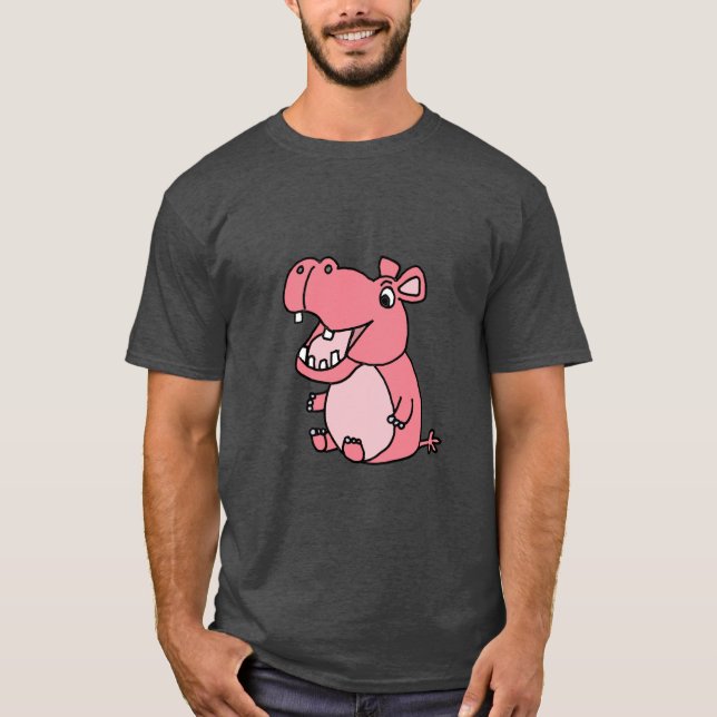 Funny Pink Hippo Cartoon T-Shirt (Front)